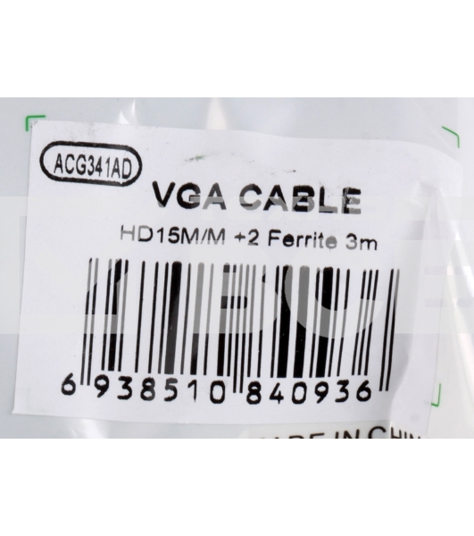Кабель VGA 3м AOpen 2 фильтра, монитор-SVGA card 15M-15M, ACG341AD-3M