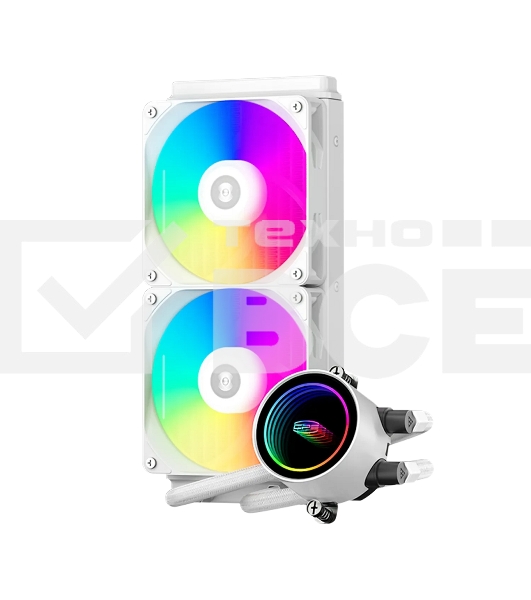 Система охлаждения PCCooler DA240 ARGB WH (270W, 240мм, белый, ARGB/ Fans: 2x120мм, 73.6CFM, -dBA, 1800RPM/ Pump height 55мм, -dBA, 3000RPM, Rad thickness 27мм/ S: 1851, 1700, 1200, 20XX, 115X, AM5, AM4)