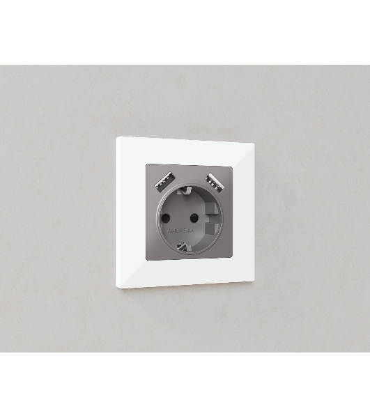 Комплект механизма электрической розетки ALFA Сталь матовый 2USB A+A 18W (быстрая зарядка) с/з QUANT (AP5090, VM155) MA509010