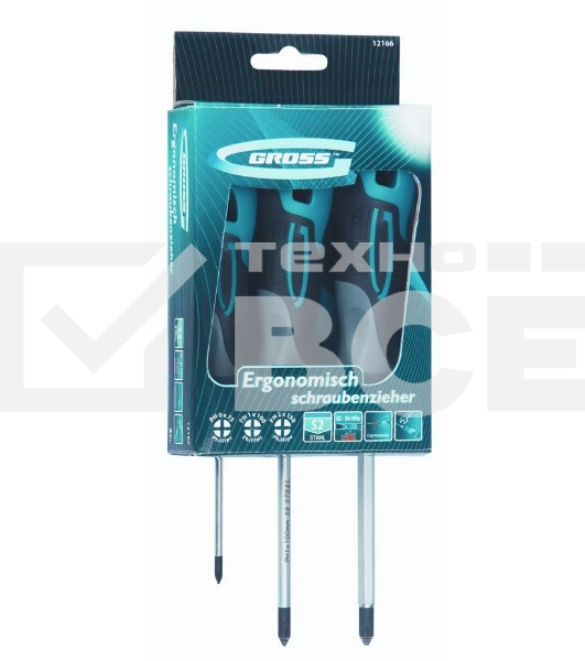 Набор отверток Gross 12166 3 шт, PH S2, трехкомпонентная рукоятка PH0, PH1, PН2