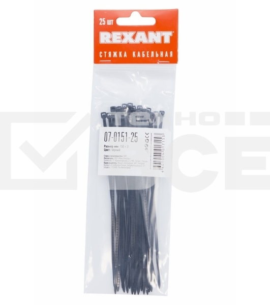 Хомут-стяжкa нeйлонoвая Rexant 150x2,5 мм, черная, упаковка 25 шт.