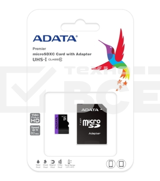 Флеш карта microSDXC 64GB ADATAUHS-1 CL10 (AUSDX64GUICL10-RA1) + SD adaptor