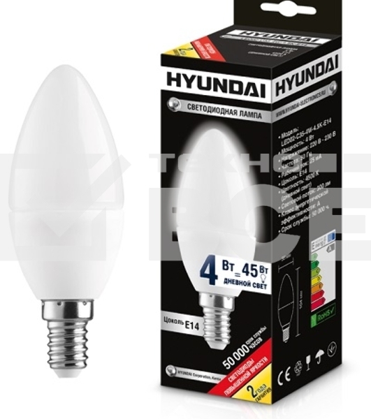 Лампа светодиодная HYUNDAI LED02-C35-4W-4.5K-E14 (белый свет) cерия Candle (уп-ка 20/100шт)