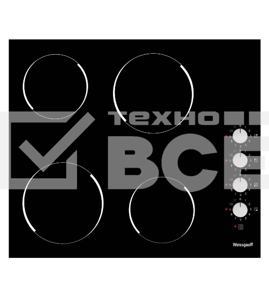 Варочная поверхность Weissgauff HV 640 BK 60 см, стеклокерамика Vitro Ceramic Glass, механическое управление, автоотключение, индикация степени нагрева, таймер, блокировка от детей, черная
