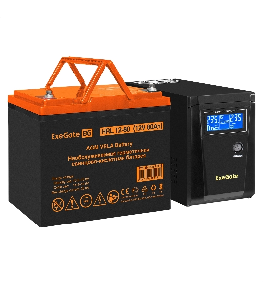 Комплект источника бесперебойного питания Exegate EX295986RUS + батарея 80Aч EX285654RUS 1шт (инвертор, синус, для котла) ExeGate SineTower SZ-600.LCD.AVR.1SH <600VA/360W, чистый синусоида, LCD дисплей, AVR, 1*Schuko, линейно-интерактивный, Black> + батарея ExeGate HRL 12-80 (12В, 80Ач) 1шт