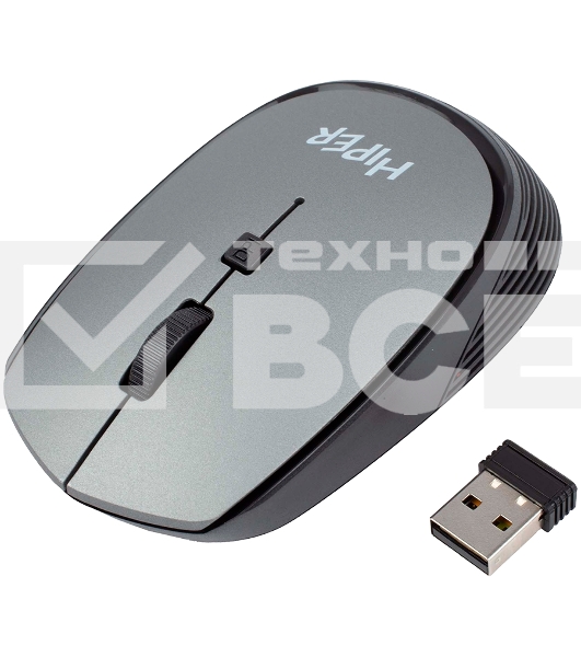 Мышь беспроводная HIPER HOMW-081 серый, 1600 dpi, радиоканал, USB, кнопки - 4