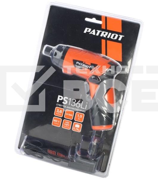Отвертка аккумуляторная PATRIOT PS 136Li Li-Ion, 3.6 В/1,5 Ач, Реверс, 200 об/мин, 3,5 Нм, патрон: НЕХ 1/4