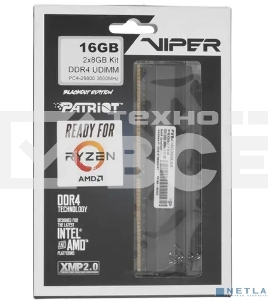 Оперативная память Patriot Viper 4 Blackout, DDR4, 16GB (2x8 GB), 3600 MHz, CL18, радиатор, чёрный