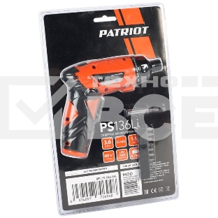 Отвертка аккумуляторная PATRIOT PS 136Li Li-Ion, 3.6 В/1,5 Ач, Реверс, 200 об/мин, 3,5 Нм, патрон: НЕХ 1/4