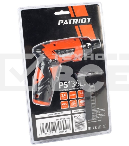 Отвертка аккумуляторная PATRIOT PS 136Li Li-Ion, 3.6 В/1,5 Ач, Реверс, 200 об/мин, 3,5 Нм, патрон: НЕХ 1/4