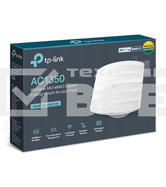 Точка доступа AC1350 Wireless MU-MIMO Gigabit Ceiling Mount Access Point, 450Mbps at 2.4GHz + 867Mbps at 5GHz, 802.11a/b/g/n/ac wave 2, Beamforming, Airtime Fairness, MU-MIMO, 802.3af Standard PoE and Passive PoE (Passive POE Adapter included), no more DC