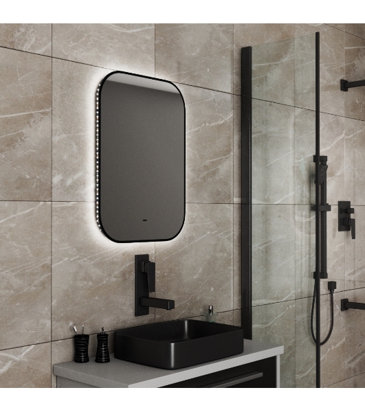 Зеркало Bau Black Rand 50х70, с LED фоновой подсветкой, бесконтактным сенсором, черной окантовкой
