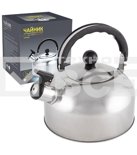 Чайник для плиты из нерж. стали со свистком Casual, зерк полировка, литраж - 2 л, без тм