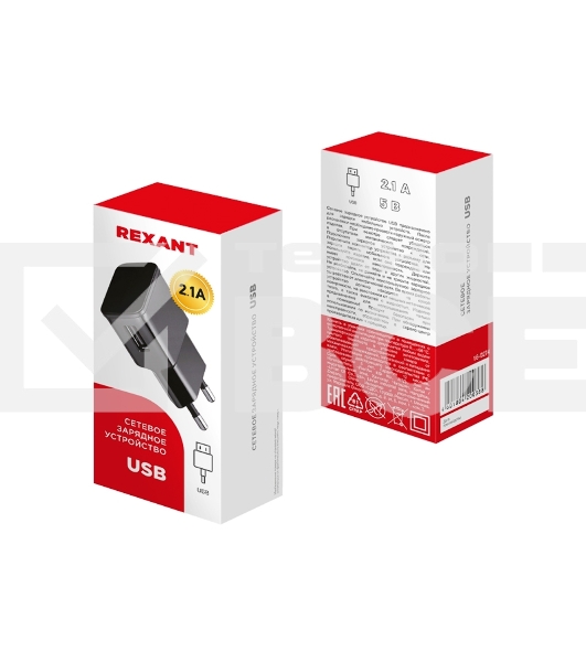 Сетевое зарядное устройство Rexant USB, 5V, 2.1 A, черный