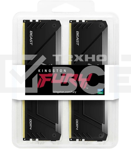 Оперативная память Kingston Fury Beast, DDR4, 64GB (2x32GB), 3200MHz, CL16, с радиатором, RGB, чёрный
