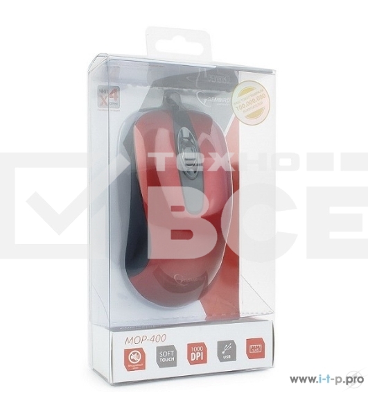 Мышь проводная Gembird MOP-400-R красный, 1000 dpi, USB, кнопки - 3