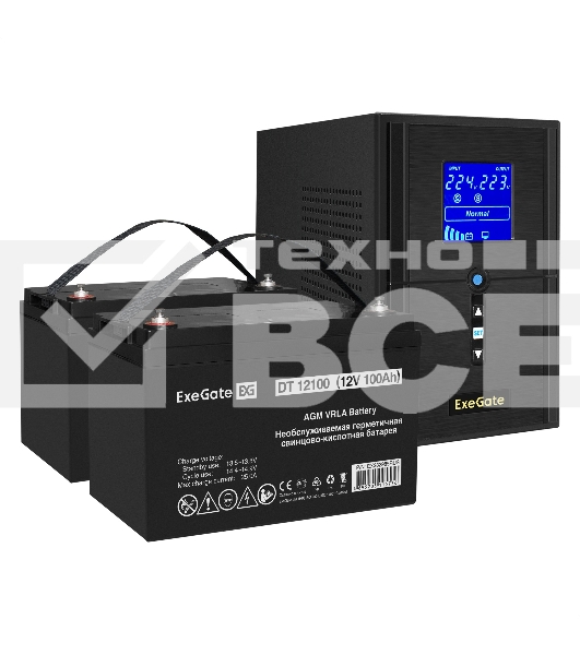 Комплект Источник бесперебойного питания EX295987RUS + батарея 100Aч EX282985RUS 2шт (инвертор, синус, для котла) ExeGate SineTower SZ-1000.LCD.AVR.2SH.1C13.USB <1000VA/800W, чистый синусоида, LCD дисплей, AVR, 2*Schuko+1*C13, USB, линейно-интерактивный, 