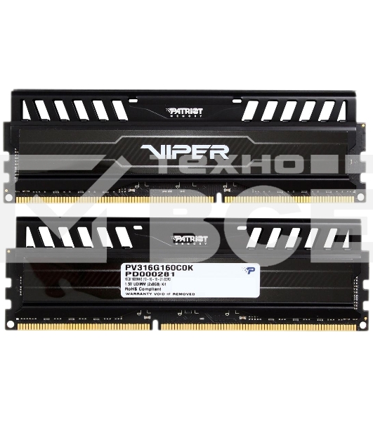 Оперативная память Patriot Viper 3, DDR3, 16GB (2x8 GB), 1600 MHz, CL10, радиатор, черный