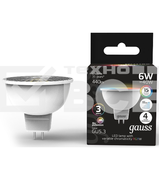 Лампа Gauss Smart MR16 6W GU5.3 RGBW+dim 1/10/100
