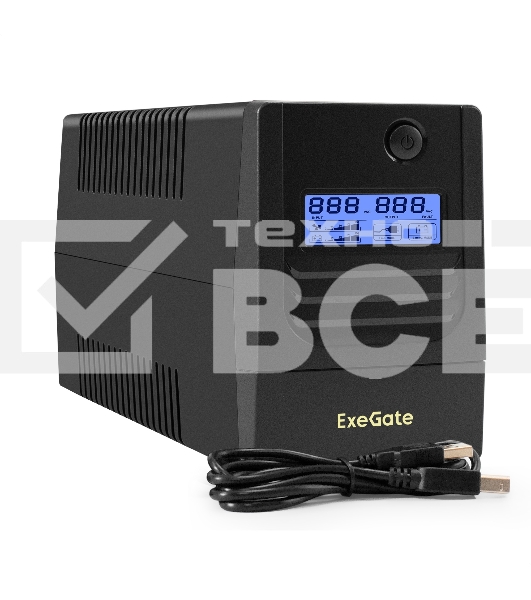 Источник бесперебойного питания ExeGate Smart LB-1000.LCD.AVR.2SH.USB (1000VA/650W, LCD, AVR, 2*Schuko, USB, батарея 12V 9Ah, черный)
