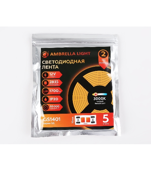 Светодиодная лента Ambrella light GS1401 2835 240Led/ 17W m/ 12V IP20 3000K/ 5000*10*1.2mm (2 конт.)