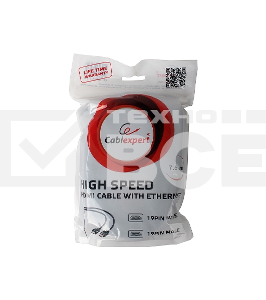 Кабель Cablexpert HDMI CC-HDMI4-7.5M, 19M/19M, v2.0, медь, позол.разъемы, экран, 7.5м, черный, пакет