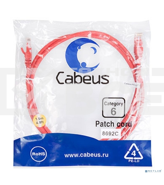 Шнур комм. Cabeus, кат. 6, неэкр., U/UTP, RJ45/RJ45, 250 МГц, PVC, AWG24, 1.5м, красный