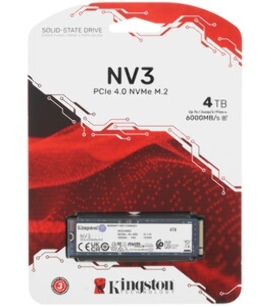 Накопитель SSD Kingston NV3, 1000Gb, M.2(22x30мм), NVMe, PCIe 4.0 x4, 3D TLC, R/W 6000/4000Mb/s, TbW 320, DWPD 0.2 (60 мес)