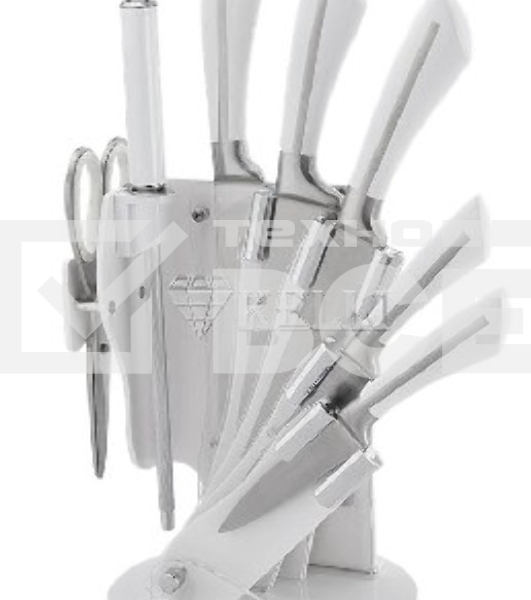 Набор ножей Kelli KL-2085 (8 ПРЕДМЕТОВ: 1.Топорик кухонный 7', 2.Нож поварской 8', 3.Нож хлебный 8', 3.Нож для резки 6', 5.Нож овощной 5', 6.Кухонные ножницы, 7.Точилка, 8.ПОДСТАВКА. Высококачественная нержавеющая сталь 18/10. Невероятная острота лезвий.)