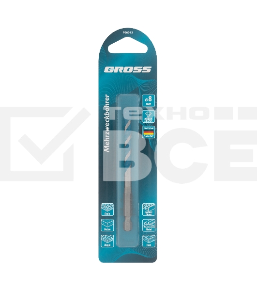Сверло универсальное, Multipurpose PRO, 6-гр. хвостовик, 8мм Gross