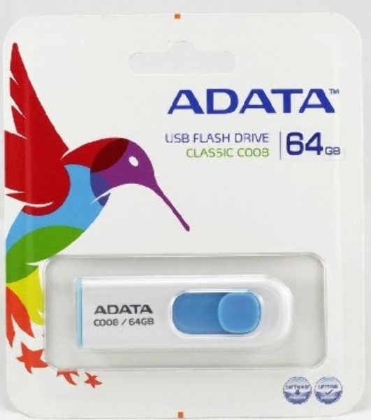 Флешка USB ADATA С008 (AC008-64G-RWE), 64Gb, USB 2.0, R/W 15/5, белый/синий