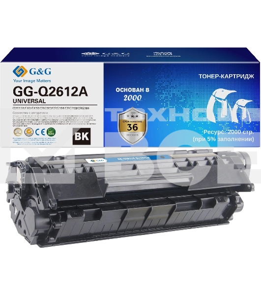 Картридж лазерный G&G GG-Q2612A UNIVERSAL черный (2000 стр.) для HP 1010/1012/1015/1018/Canon LBP2900/3000/L120/L90/L100/L120/HP 1020/1022/3015/3020/3030/3050/3052/3055/M1005/1300/1319f; Canon 4140/MF4380dn/4010/4660pl/4100/4690pl/4110/4120/4140/4150/4270