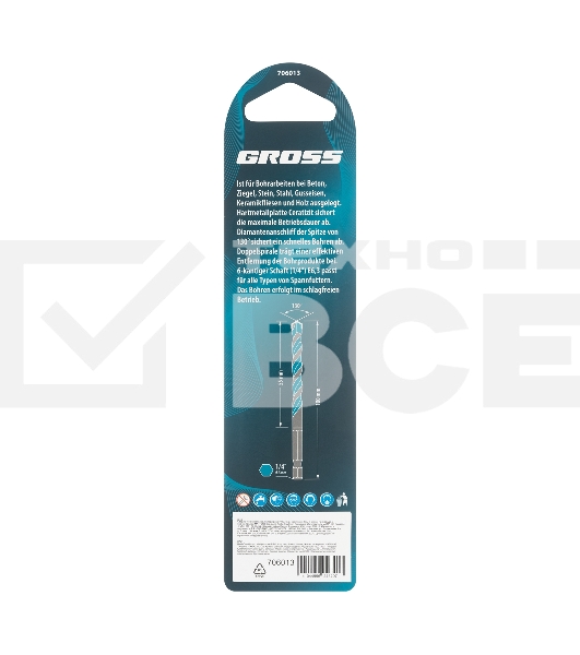 Сверло универсальное, Multipurpose PRO, 6-гр. хвостовик, 8мм Gross