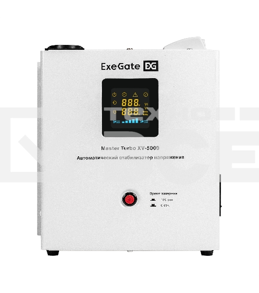 Стабилизатор напряжения настенный ExeGate Master Turbo XV-5000 (5000ВА, вход 80-265В, цветной дисплей, выход 220В±8%, КПД 98%, 5 уровней защиты, задержка, усиленный метал.корпус, клем.колодка+2*Schuko, RTL)