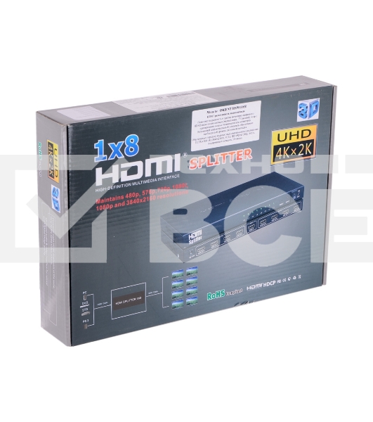 Разветвитель HDMI 4K Splitter Orient HSP0108H, 1->8, HDMI 1.4b/3D, UHDTV 4K(3840x2160)/HDTV1080p/1080i/720p, HDCP1.2, внешний БП 12В/4A, метал.корпус
