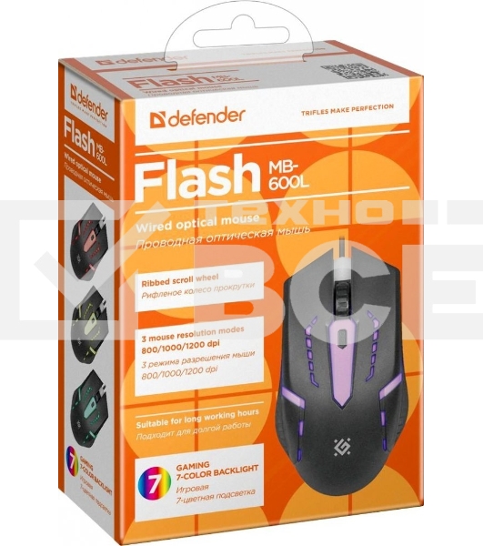 Мышь проводная Defender Flash MB-600L черный, 1200 dpi, USB, кнопки - 4
