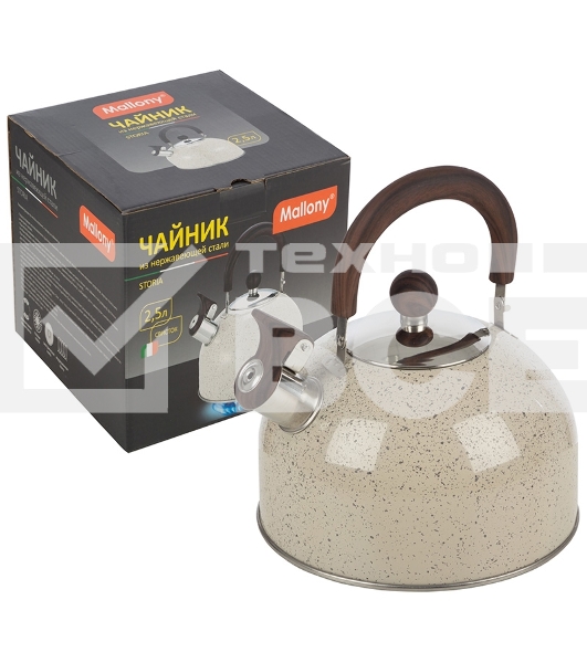 Чайник для плиты STORIA, объем 2,5 л, из нерж стали со свистком, окрашенный, ручка под дерево