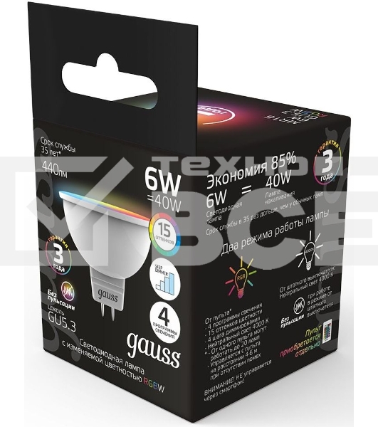 Лампа Gauss Smart MR16 6W GU5.3 RGBW+dim 1/10/100