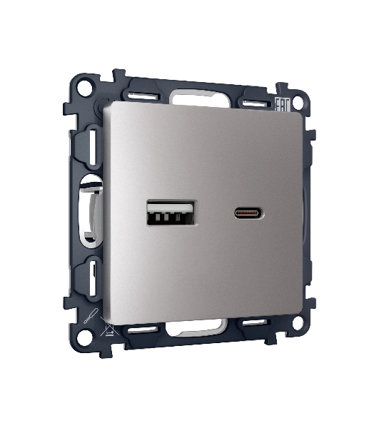 Комплект механизма розетки ALFA Сталь матовый 2USB A+C 20W (быстрая зарядка) QUANT (AP5110, VM177) MA511010