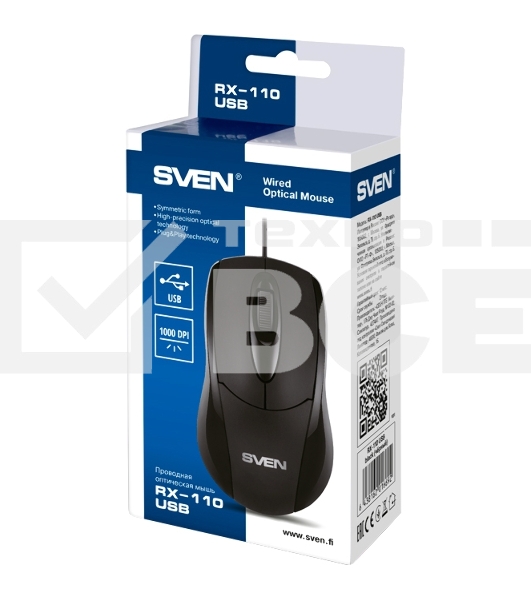 Мышь проводная SVEN RX-110 черный, 1000 dpi, USB, кнопки - 3