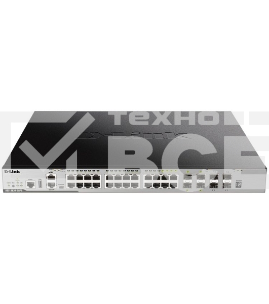 Коммутатор Managed L3 Stackable Switch 20x1000Base-T PoE, 4x10GBase-X SFP+, 4xCombo 1000Base-T PoE/SFP, PoE Budget 370W (740W with DPS-700), Surge 6KV, CLI, 1000Base-T Management, RJ45 Console, mini-USB Console, USB, RPS, Alarm RJ-45, Dying Gasp, Standard