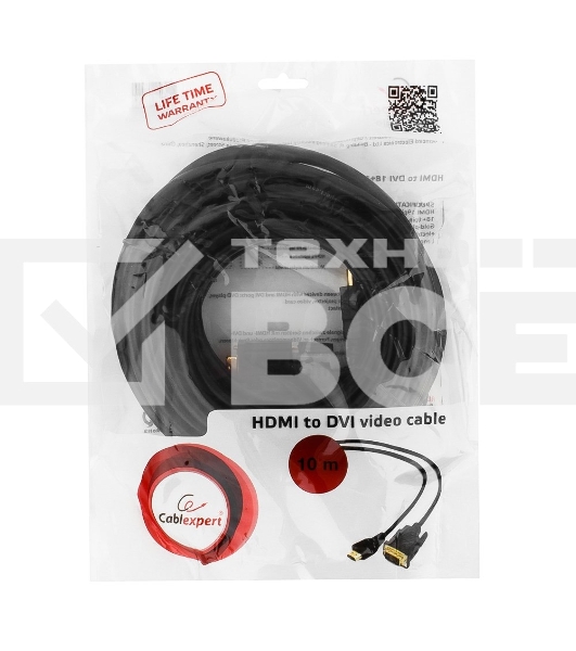 Кабель HDMI-DVI Cablexpert CC-HDMI-DVI-10MC, 19M/19M, single link, медь, позол.разъемы, экран, 10м, черный, пакет