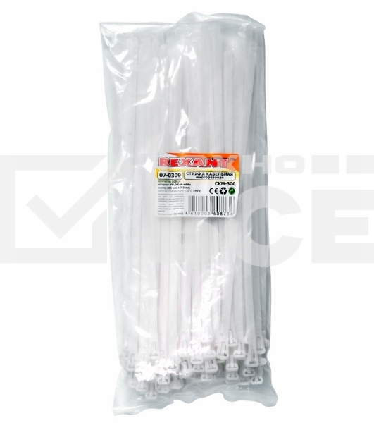 Хомут-стяжка нейлоновая многоразовая Rexant 300x7,5 мм, белая, упаковка 100 шт.