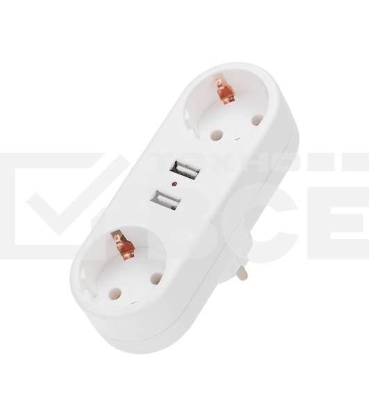 Двойник электрический линейный 16 А с заземлением + 2 USB-порта, 2,4 А, белый Rexant