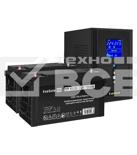 Комплект ИБП EX295987RUS + батарея 120Aч EX282988RUS 2шт (инвертор, синус, для котла) ExeGate SineTower SZ-1000.LCD.AVR.2SH.1C13.USB <1000VA/800W, чистый синусоида, LCD дисплей, AVR, 2*Schuko+1*C13, USB, линейно-интерактивный, Black> + батарея ExeGate DT 