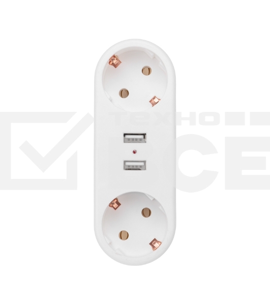 Двойник электрический линейный 16 А с заземлением + 2 USB-порта, 2,4 А, белый Rexant