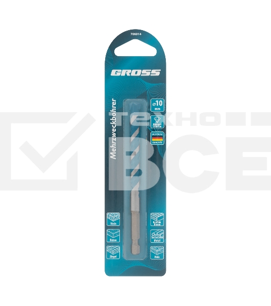 Сверло универсальное, Multipurpose PRO, 6-гр. хвостовик, 10мм Gross