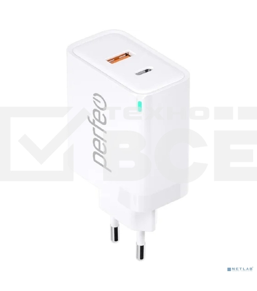 Сетевое зарядное устройство с двумя разъемами PERFEO USB-A+TYPE-C, GaN, 30W, белый (I4653)