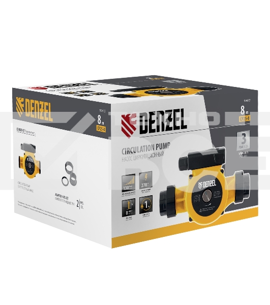 Циркуляционный насос Denzel CP25-8, напор 8 м, 130 л/мин, 1 м кабель, монт. длина 180 мм