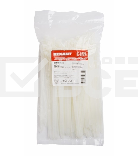 Хомут-стяжка нейлоновая многоразовая Rexant 200x7,5 мм, белая, упаковка 100 шт.